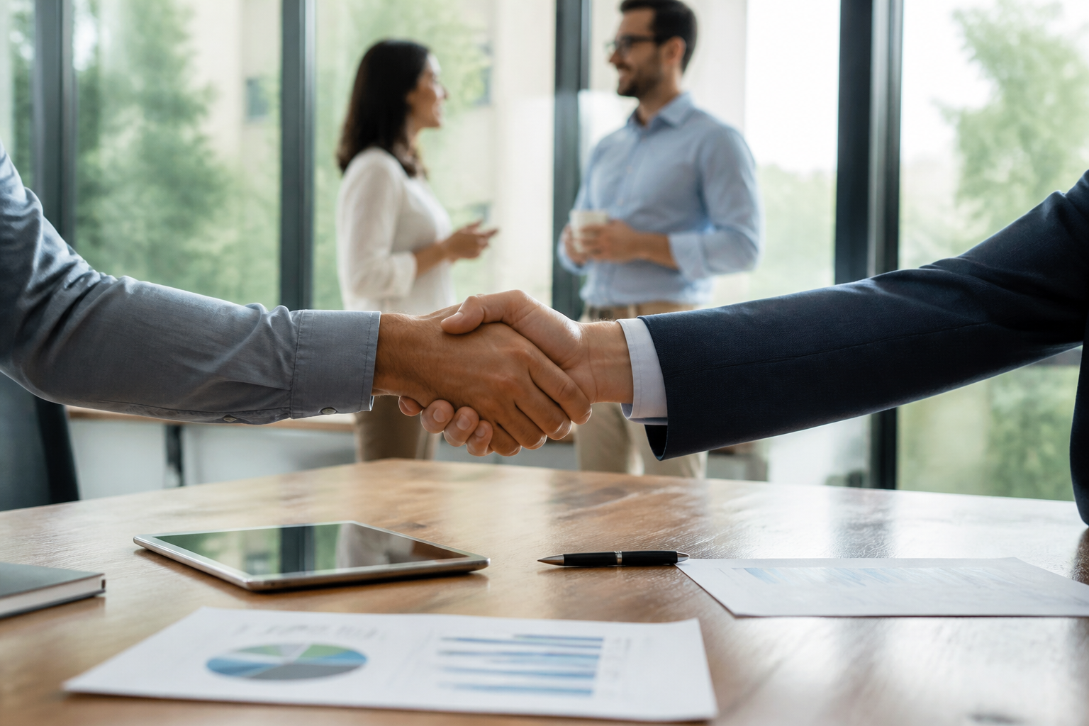 Professionals shaking hands over a new introduction
